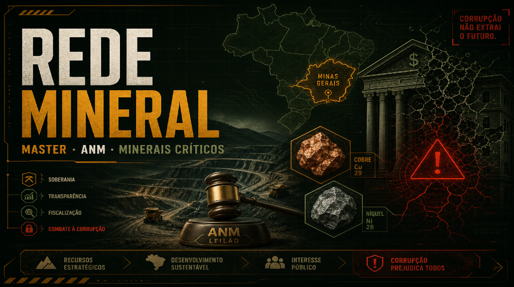 Rede Mineral — infográfico: mineração, ANM, minerais críticos e arquitetura institucional (dossiê Lawfare Timeline)
